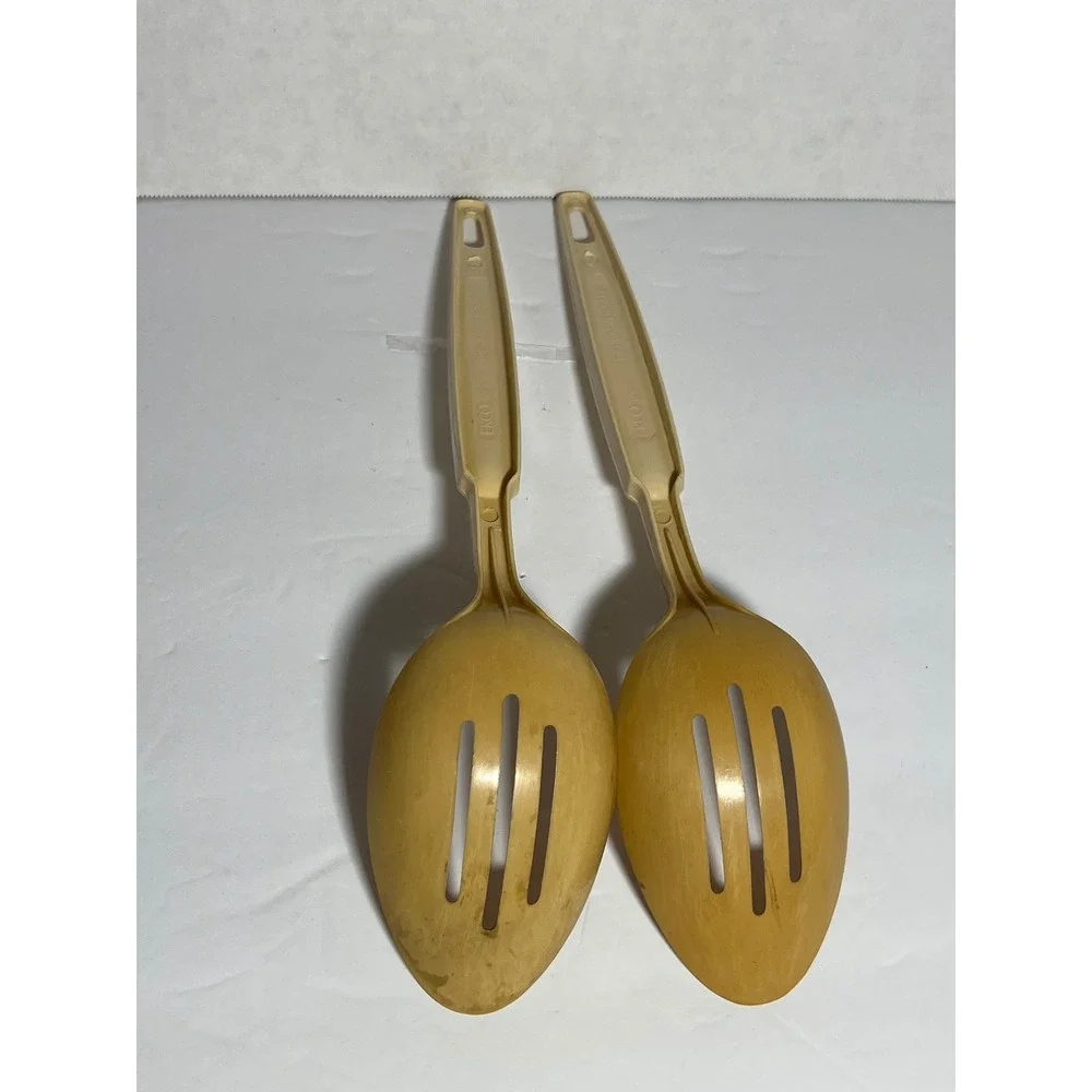 Vintage Ekco Kitchen Utensil 4pc Slotted Spatula Spoons Pasta Server Brown Tan